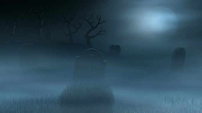 阴森朦胧的墓地上的墓碑，满月的夜晚