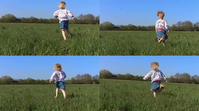 高清超级慢动作: 小女孩在草地上奔跑