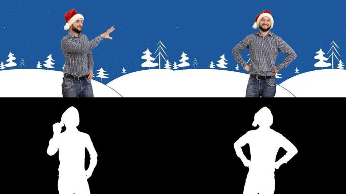 年轻的成年胡须男子在冬季主题的卡通背景上展示了四个复制空间，并在帽子上展示了拇指圣诞老人