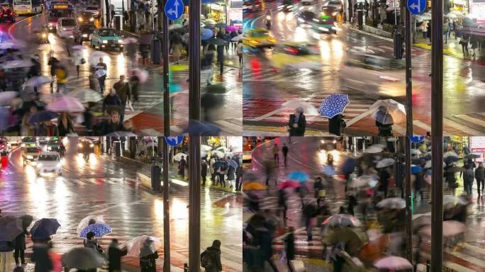 高清延时：行人在涩谷穿过，黄昏时下雨