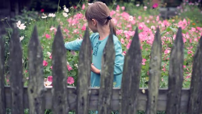 夏季园艺外国小女孩围栏栅栏手摸花朵