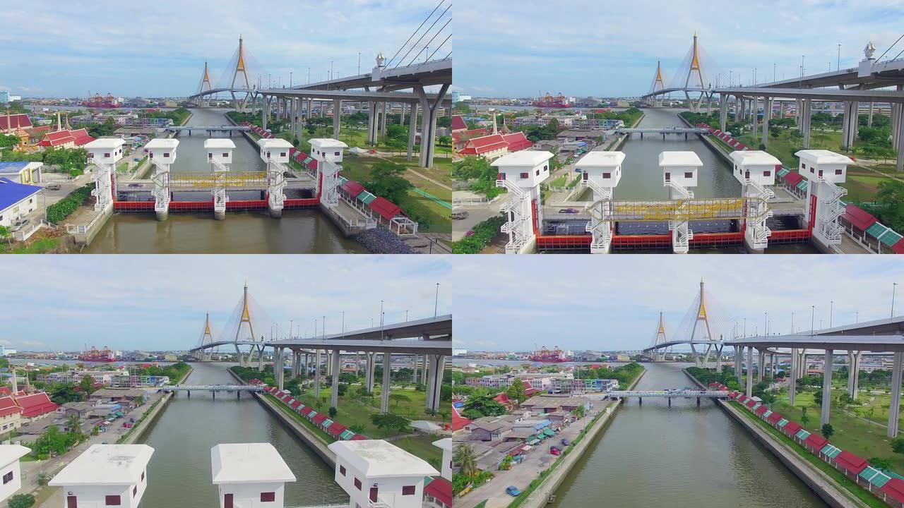 曼谷水闸的鸟瞰图治理东南亚桥面