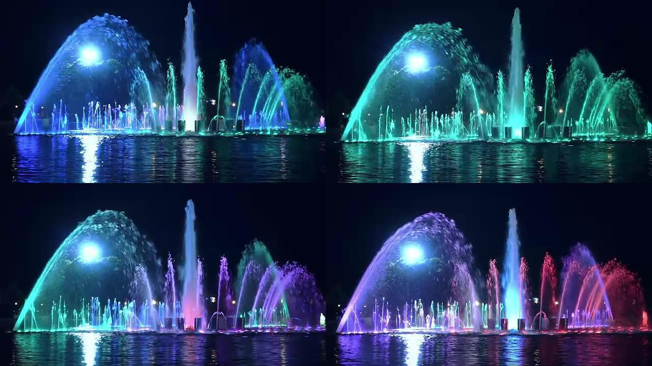 晚上公园里的彩色喷泉