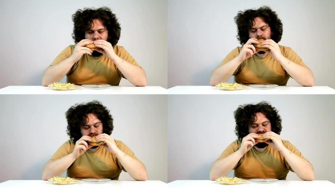 饥饿的人在吃快餐外国人吃汉堡肥胖垃圾食品
