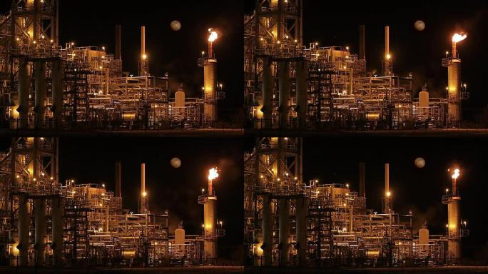 有月亮的夜间炼油厂