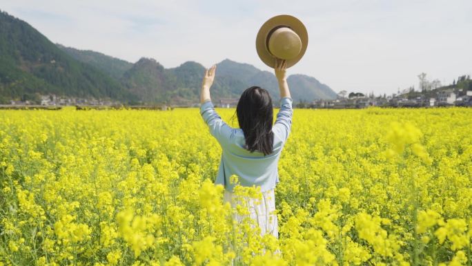 文艺清新唯美女生背影挥手仰望天空户外踏青