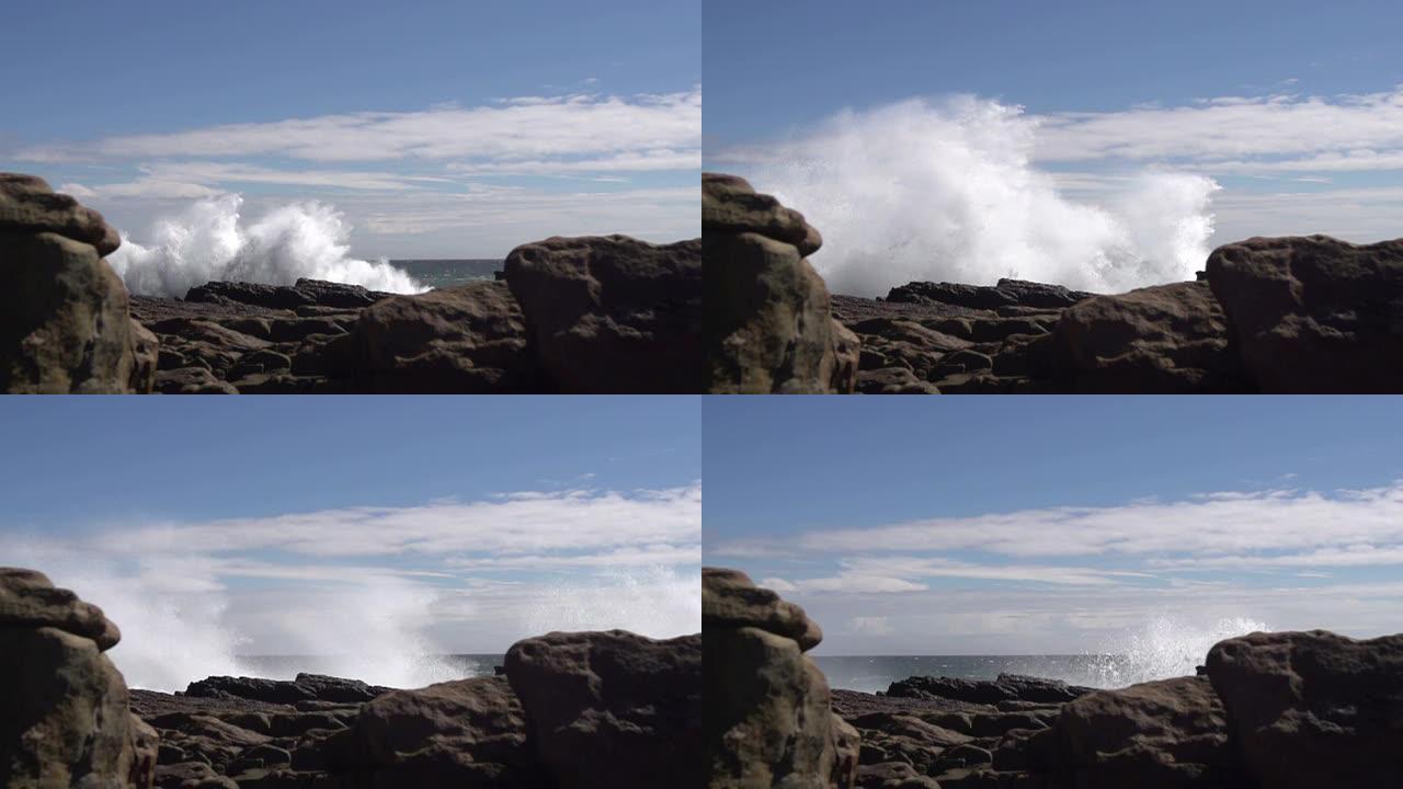 波浪撞击岩石超级慢镜头浪花四溅拍打礁石