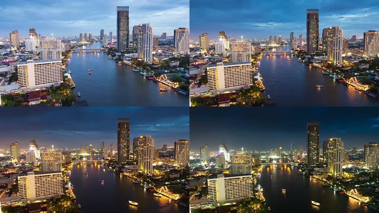 泰国曼谷chaphoya河城市现代建筑的4k昼夜延时