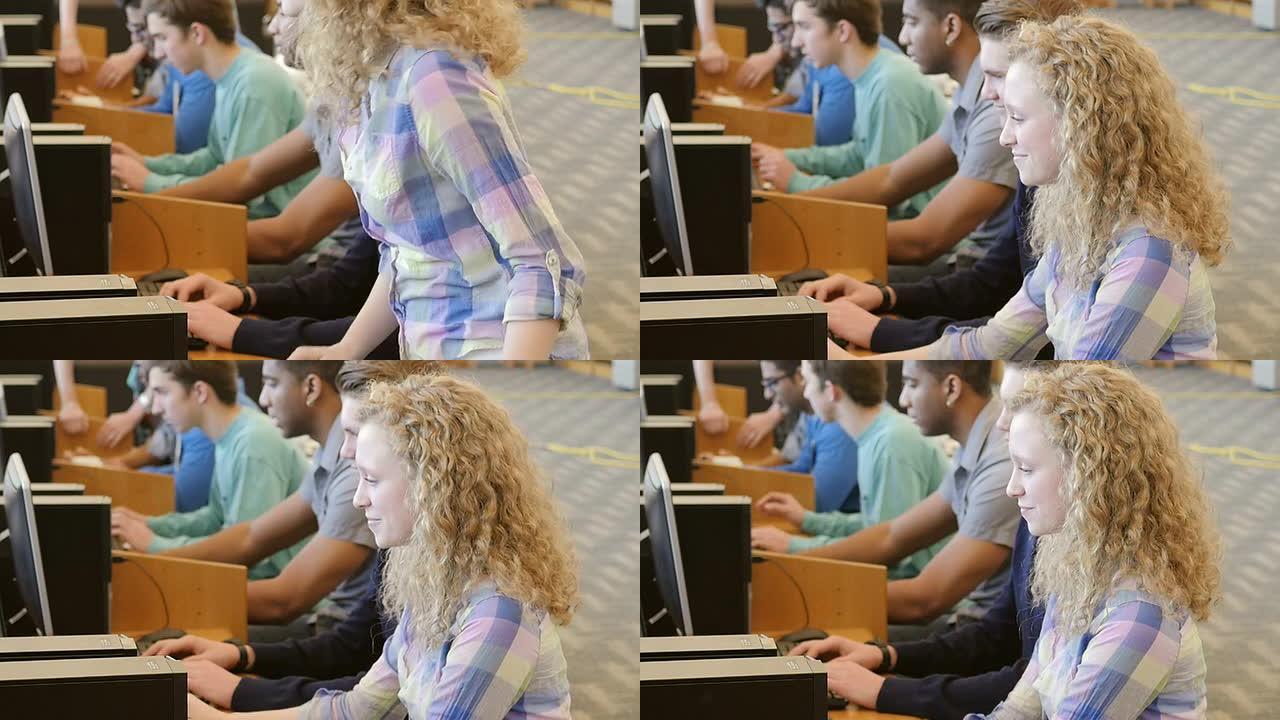 金发高中女孩走进相框，坐在图书馆的电脑桌前
