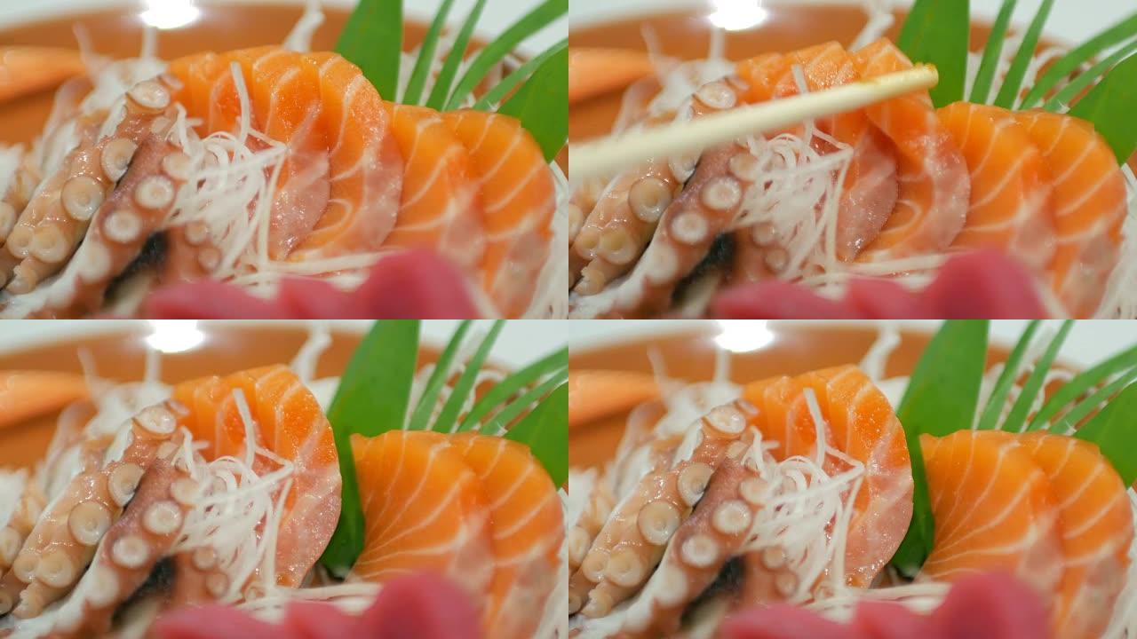 4k(UHD) 日本餐厅的三文鱼生鱼片酒吧日本料理