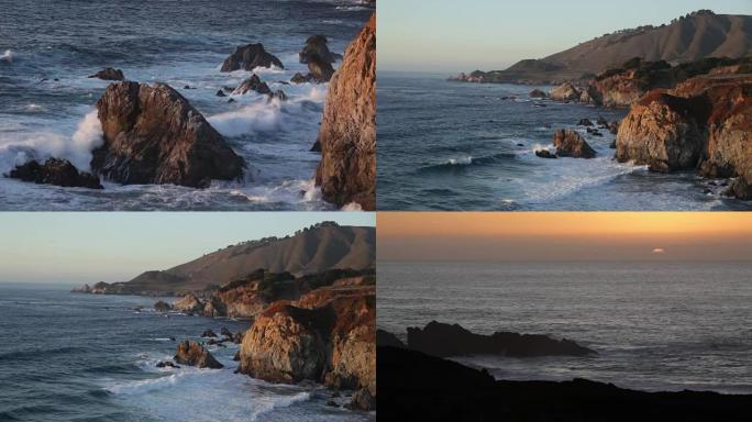 海浪沿着崎Big Sur的大苏尔海岸线加利福尼亚日落