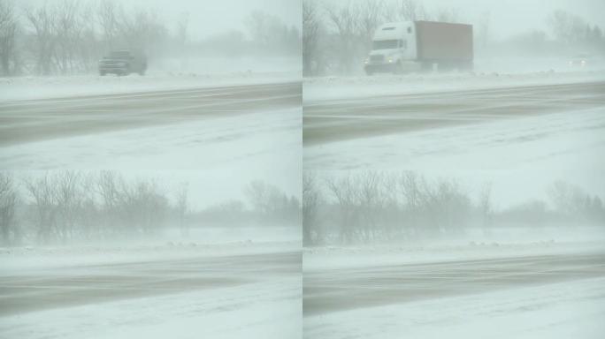 冬季暴雪，高速公路和车辆上飘雪