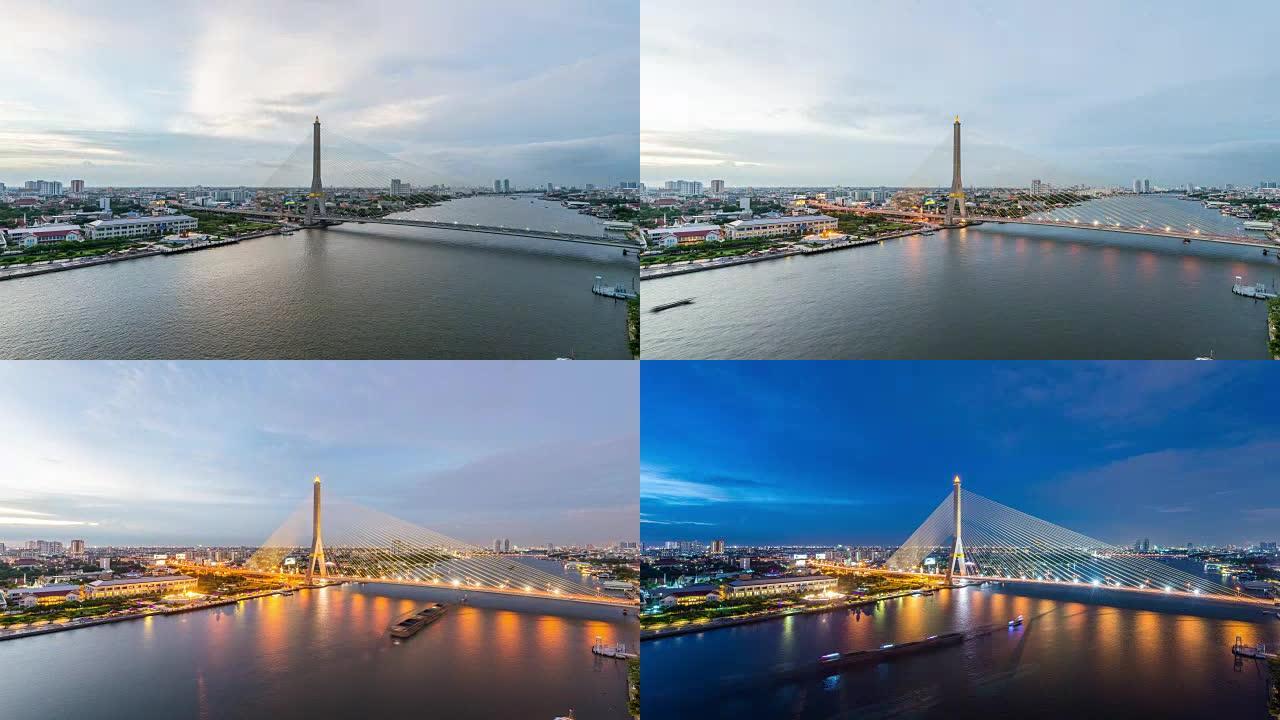 4K延时从白天到夜晚:曼谷拉玛八世大桥横跨湄南河