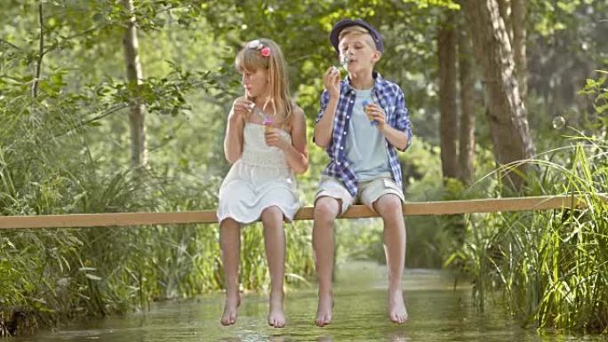 DS女孩和一个男孩坐在小溪对面吹泡泡