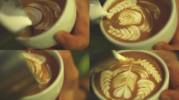高清：拿铁艺术，咖啡师倒牛奶。