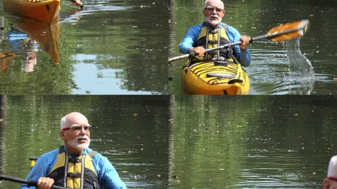 老年人在大自然中划独木舟
