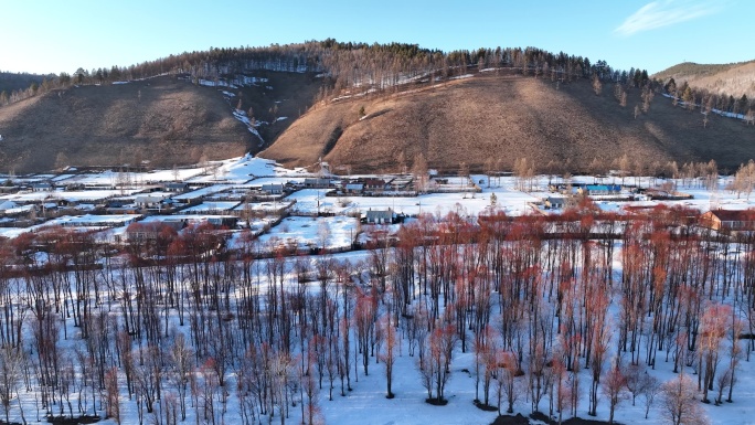 航拍早春大兴安岭雪村