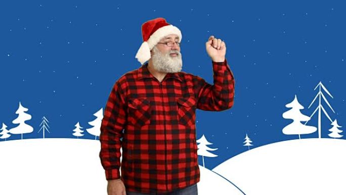 成人高级胡须男子写2016，交叉双臂戴着帽子圣诞老人在卡通背景的冬季主题