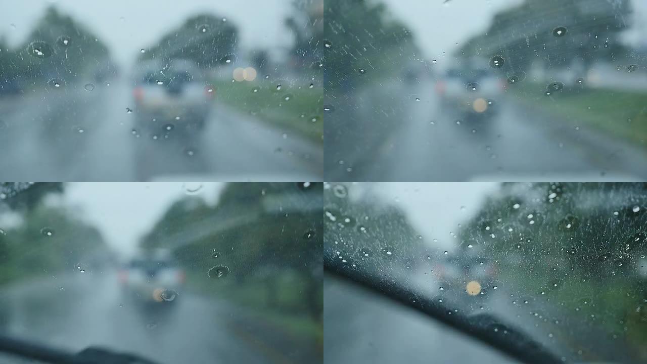 雨天行车。行驶车窗外汽车第一视角