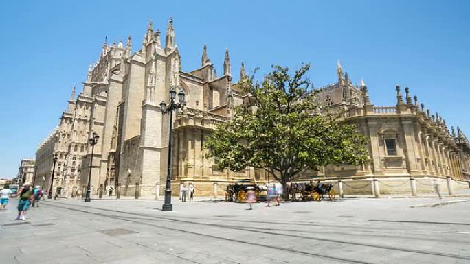 高清延时：西班牙塞维利亚大教堂广场的行人