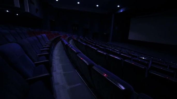 空荡荡的蓝色电影院大厅里的一排排座位