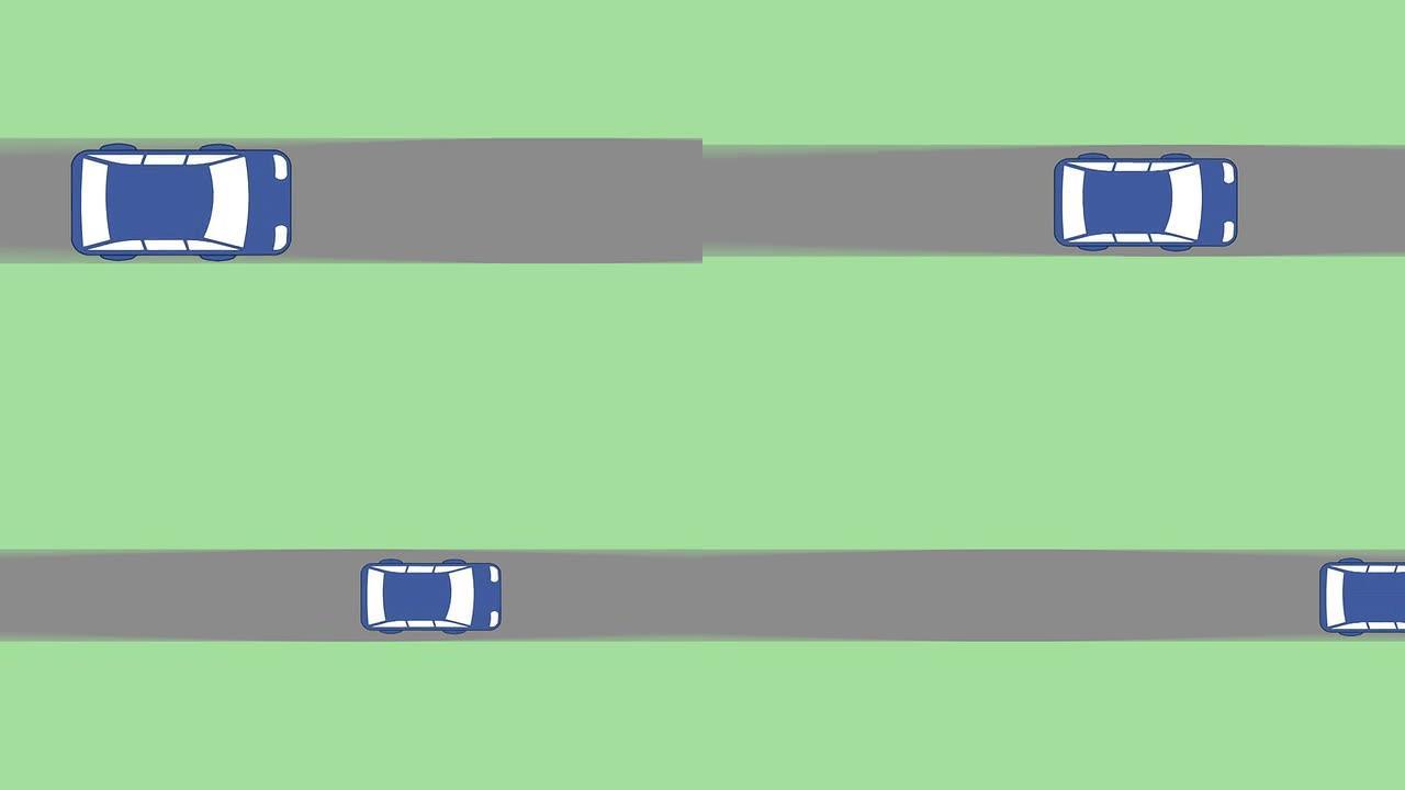 蓝色动画汽车在路上行驶