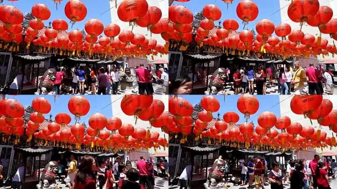 中国灯笼悬挂在寺庙外进行新年装饰