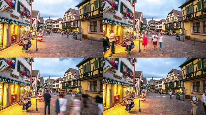 4k延时: 行人拥挤的Kaysersberg村城市景观阿尔萨斯法国
