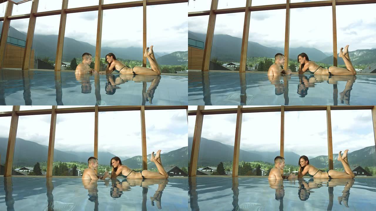 高清超级慢动作: 年轻夫妇在游泳池里调情