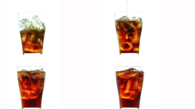 将可乐倒入带有冰块的旋转玻璃杯中
