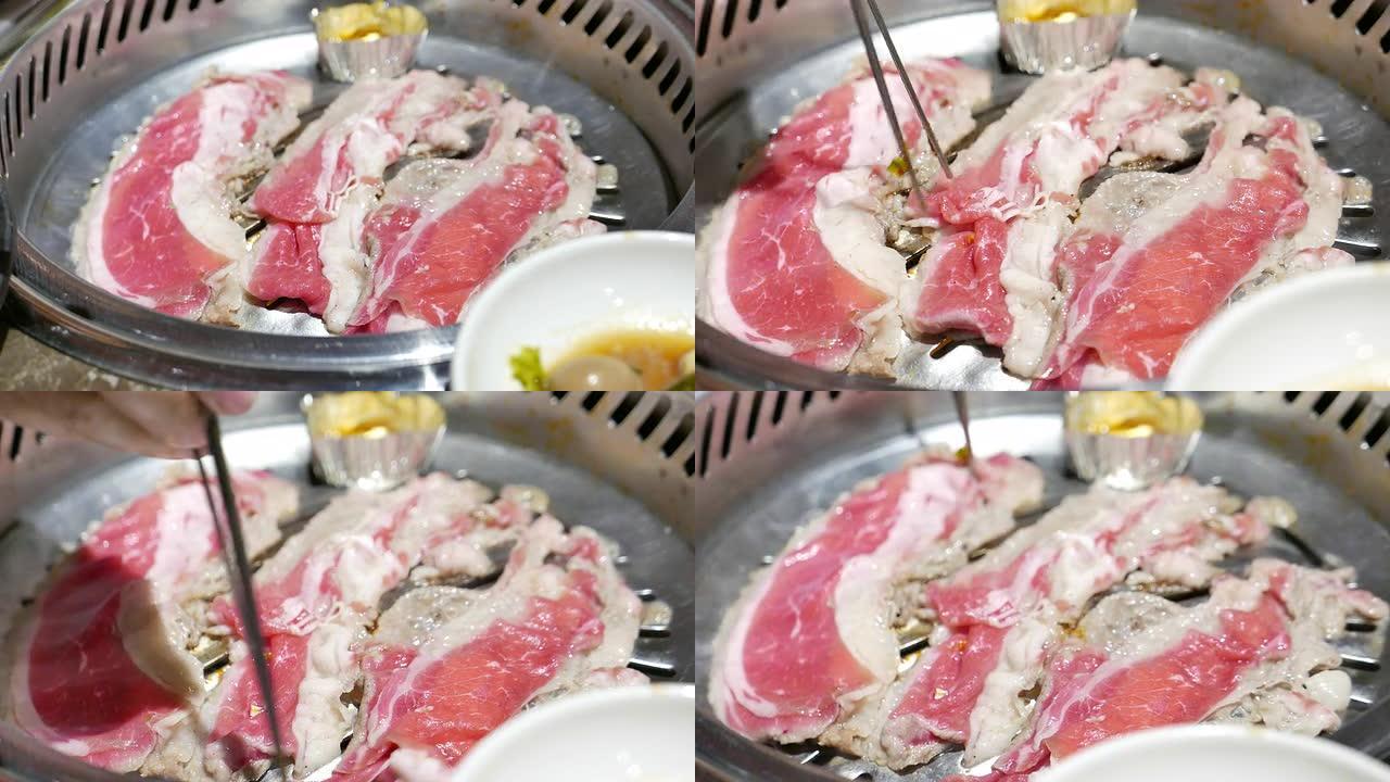 4k镜头: 韩国烧烤，用餐愉快。