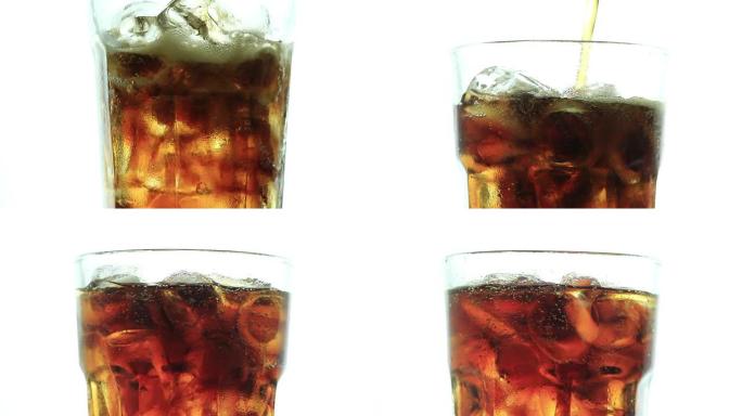 将可乐倒入白底加冰的玻璃杯中