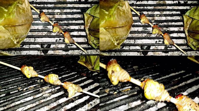 椰子蠕虫准备食用烧烤素材特写实拍