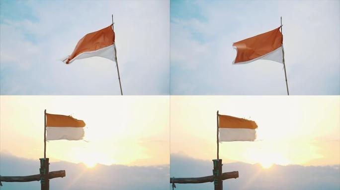 蒙太奇-印度尼西亚国旗，中午和日落