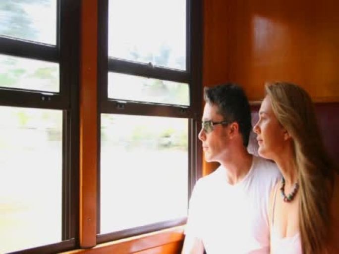 一对夫妇看着窗外的火车