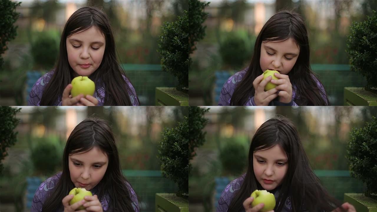 近距离吃一个苹果外国人外国小女孩吃东西