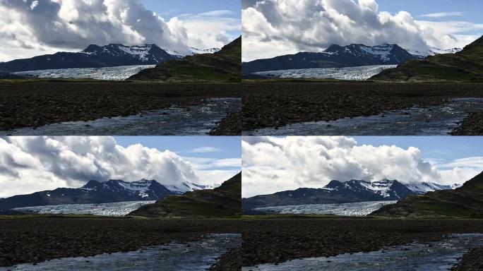 冰岛Jokulsarlon冰川移动的云和水的延时