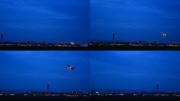 高清: 傍晚和暮色天空中的飞机起飞