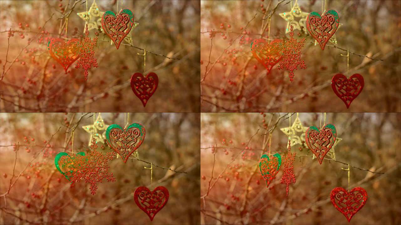 挂在树上的圣诞装饰，心形，圣诞星