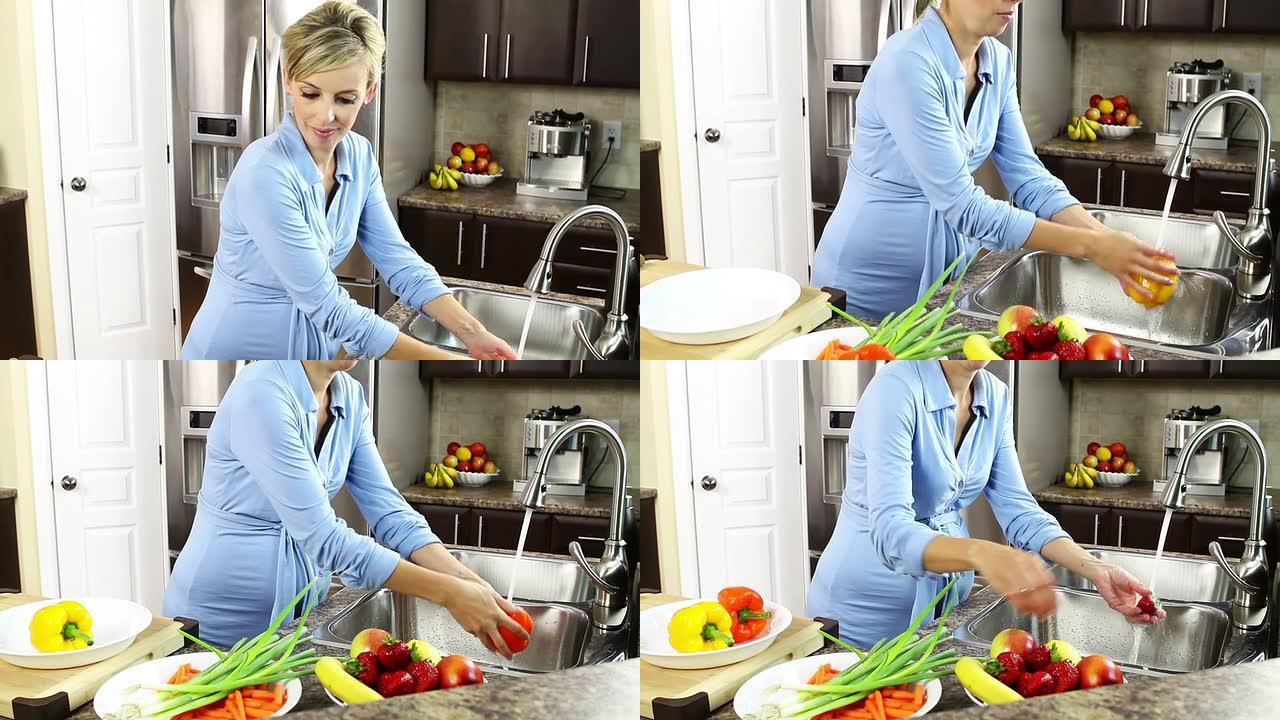 孕妇洗蔬菜外国人孕妇孕妈妈厨房洗菜