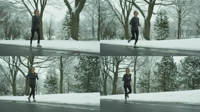 女人在冬天跑步冰雪奔跑的女孩树木