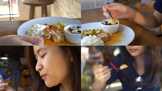 女人吃焦糖奶油冻的3张照片
