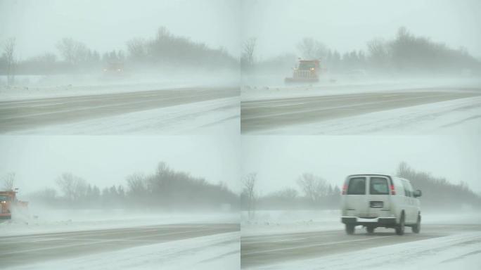 冬季暴雪，高速公路、扫雪机和车辆上飘雪