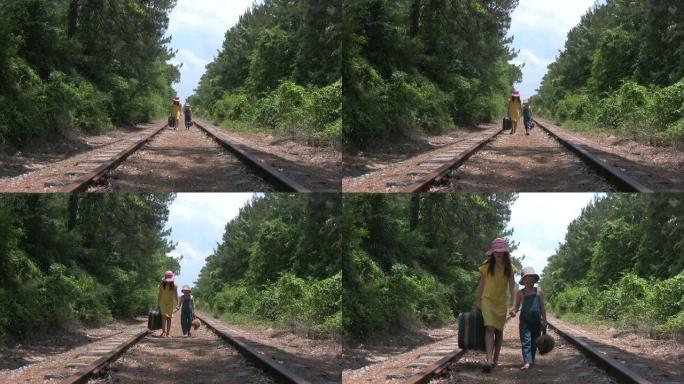 铁路孩子高清亲子走路特写实拍