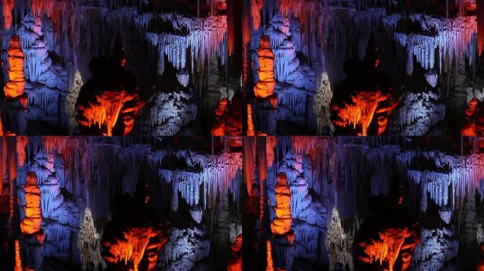 神秘的钟乳石洞穴喀斯特地貌天然溶洞灯光装
