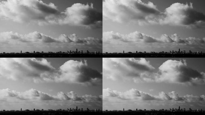 戏剧性的天空黑白奥斯汀德克萨斯天际线俯瞰整个城市城市景观