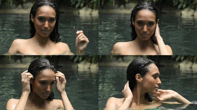 自然泳池里的拉丁美洲女人