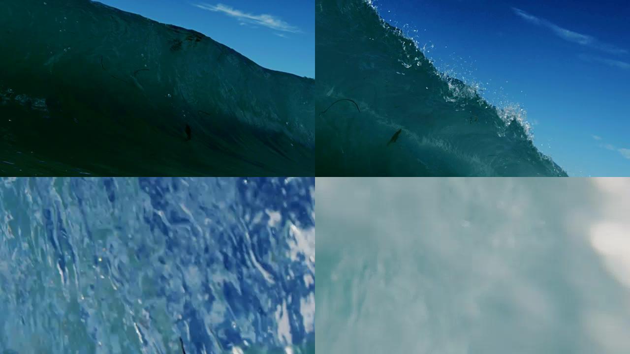 强大的清洁波浪视点，因为波浪在加利福尼亚夏季的阳光下在浅沙海滩上突破相机。在红龙上以300FPS的速