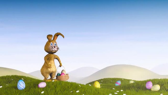 复活节兔子拿着一个装有鸡蛋的篮子