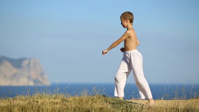 男孩在海岸练习武术